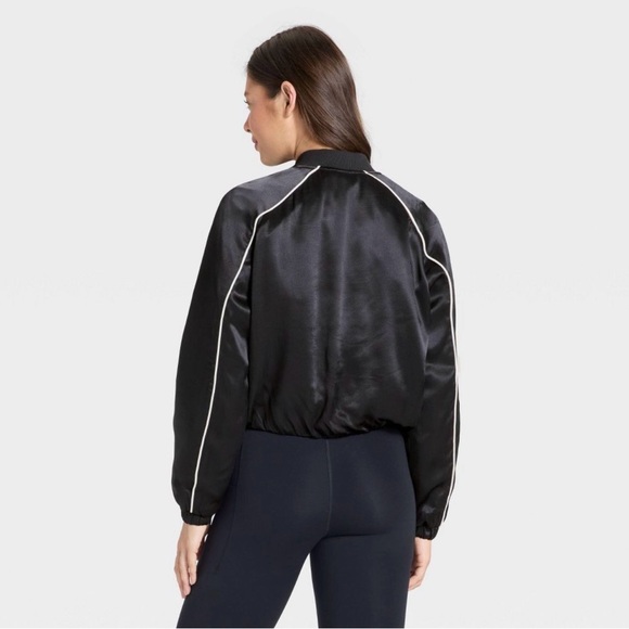 NWT All in Motion, Women's Piped Black Track Varsity Jacket, Elastic Waist Silky - Picture 2 of 5